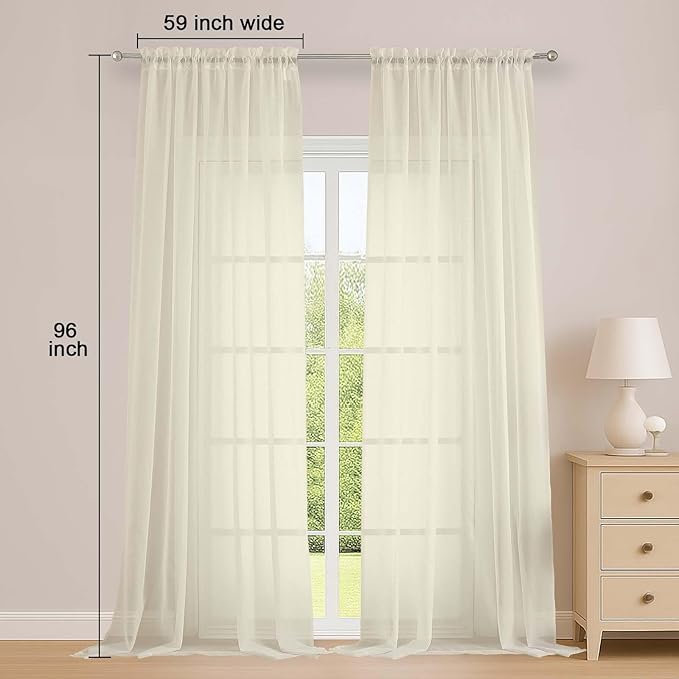 OWENIE Extra Long Cream Sheer Curtains 96 Inches Long 2 Panels Set, Soft Lightweight Airy Voile Sheer Curtain for Bedroom Living Room, Rod Pocket Solid Color Farmhouse Curtains, 59" Wx96 L Inch