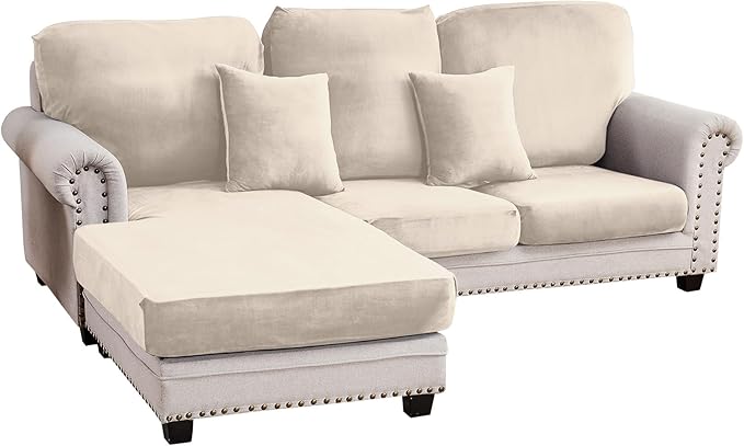 Couch Cover 3-Piece Elastic Velvet Couch Cushion Covers & Chaise Slipcovers for L-Shaped Sofas - Sofa Seat Covers Washable, Soft Protector for Couches (2 Seater + Chaise, Cream)