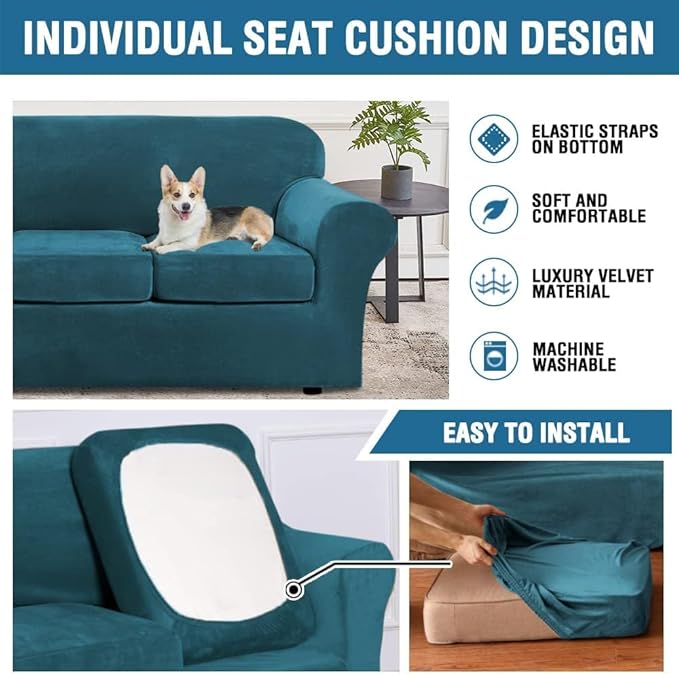 H.VERSAILTEX High Stretch Sofa Slipcover 4 Piece Cover Velvet Furniture Protector Form Fit Thick Velvet Extra Large Sofa Cover for 3 Cushion Couch Width Up to 97 Inch (Large Sofa, Deep Teal)