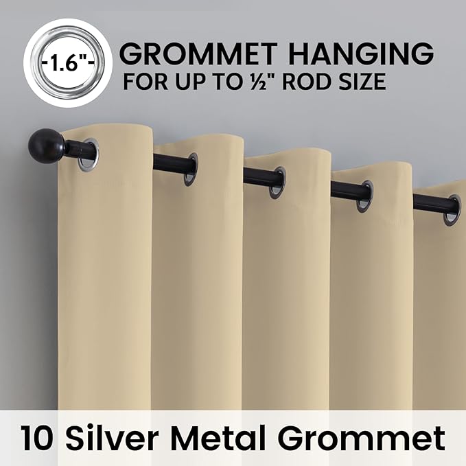SimpleHome 100% Blackout Curtains for Bedroom,Thermal Insulated Beige Grommet Window Drapes Room Darkening Curtains for Living Room with Black Back,62 x 63 Inch,2 Panels