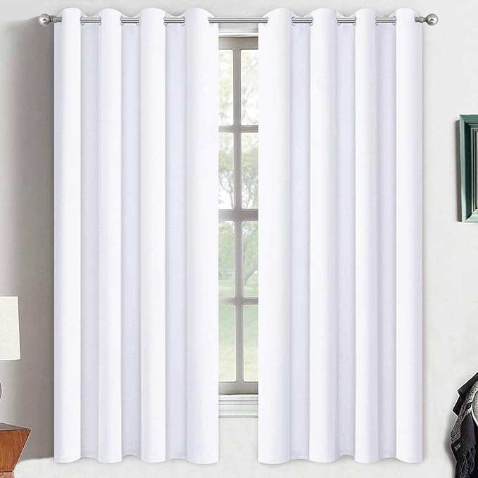 Yakamok White Curtains 63 Inch Length Room Darkening Grommet Light Blocking Thermal Insulated Blackout Window Curtain for Bedroom Living Room 52" W x 63" L (Set of 2 Panels,Pure White)