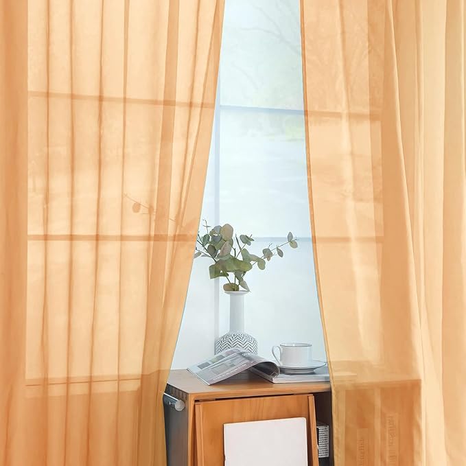 SpaceDresser Beige Sheer Curtains 4 Panels Rod Pocket Semi-Sheer Curtain 45 Inches Long Light Filtering Voile Window Drapes for Bedroom Living Room Kitchen, Each 52W x 45L
