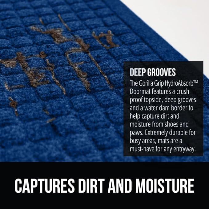 GORILLA GRIP® Ultra Absorbent Front Door Mat Outside Entrance, Traps Dirt and Moisture, HydroABSORB Indoor Outdoor Doormat Holds Up to 1.7 Cups Water, Stain and Fade Resistant Welcome Mat, 29x17, Blue