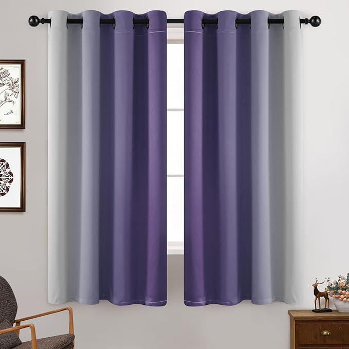 Yakamok Greyish White and Lavender Purple Ombre Curtains,Light Blocking Curtains,Room Darkening Grommet Window Drapes for Bedroom(Lavender Purple,52x63 Inch,2 Panels)