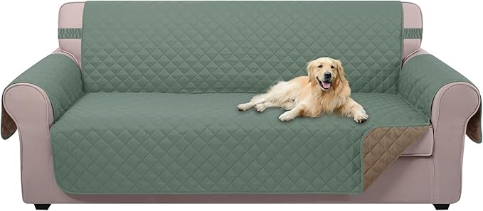 U-NICE HOME 4 Seater Sofa Cover 91 Inch Large Couch Covers for 4 Cushion Couch with Elastic Straps Water Resistant Furniture Protector Cover for Pets Cat (Sofa XX-Large, Greyish Green/Taupe)