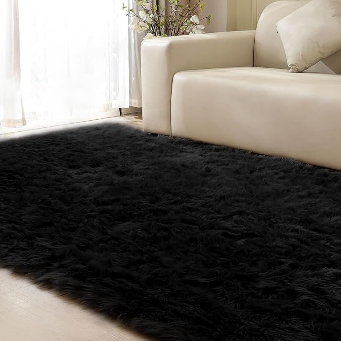 ORINOVA Black Rugs for Living Room 8x10 Area Rugs for Bedroom Shag Washable Faux Sheepskin Fuzzy Fur Rug Large Boho Nursery Rug