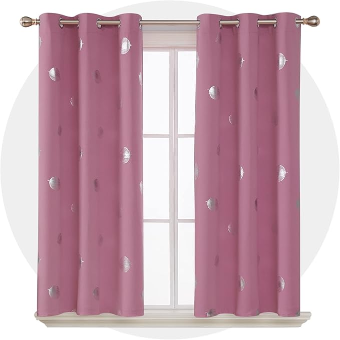 Deconovo Blackout Curtains Thermal Insulated Palm Fan Foil Print Grommet Room Darkening Curtain for Kids Bedroom 42 x 63 Inch Pink 2 Panels