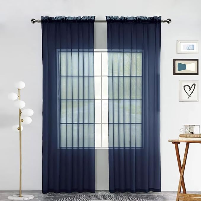 SpaceDresser Sheer Voile Window Treatment Rod Pocket Curtain Panels for Kitchen Bedroom Living Room Drapes Sunlight Filtering Privacy Semi Home Decor Assorted Colors Sizes (Navy, 52 W x 108 L)
