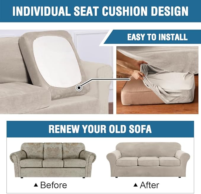 H.VERSAILTEX High Stretch Sofa Slipcover 4 Piece Cover Velvet Furniture Protector Form Fit Thick Velvet Extra Large Sofa Cover for 3 Cushion Couch Width Up to 97 Inch (Large Sofa, French Oak)