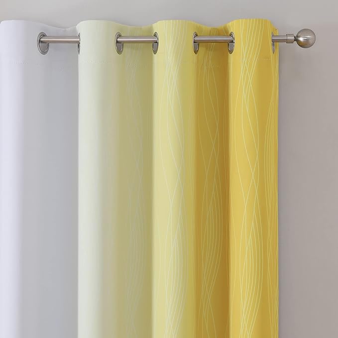 Estelar Textiler Yellow and Greyish White Ombre Blackout Curtains for Bedroom, Gradient Thermal Insulated Blackout Drapes, Full Room Darkening Grommet Curtains for Kids Room, 52Wx63L, 2 Panels