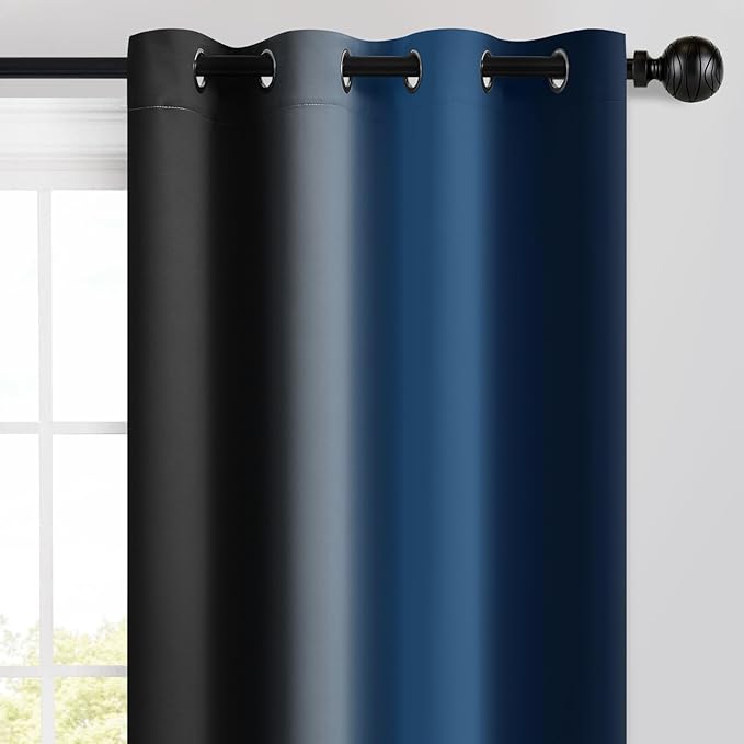 Yakamok Blackout Ombre Dark Blue and Black Curtains for Bedroom, Gradient Room Darkening Curtains, Grommet Thermal Insulated Light Blocking Window Drapes/Curtain for Living Room,52 x 63 Inch,2 Panels