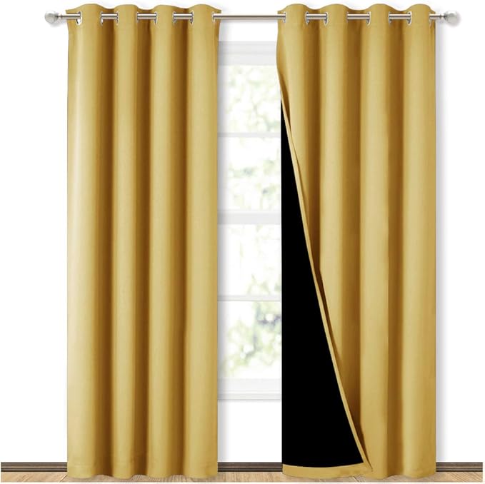 NICETOWN 100% Blackout Window Curtain Panels, Heat and Cold Blocking Drapes with Black Liner for Nursery, 84 inches Drop Thermal Insulated Draperies (Yellow, 2 Pieces, 52 inches Wide Each Panel)