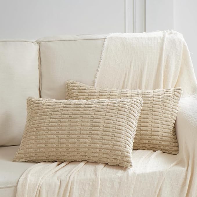 Fancy Homi 4 Packs Tan Decorative Throw Pillow Covers 12x20 Inch for Living Room Couch Bed Sofa, Beige Rustic Farmhouse Boho Home Decor, Soft Plush Striped Corduroy Square Cushion Case 30x50 cm