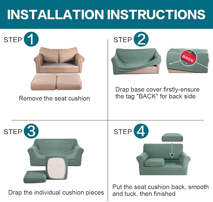 Turquoize 3 Piece Sofa Covers for 2 Cushion Couch Sofa Slipcover Soft Couch Cover for Dogs-Washable Sofa Furniture Covers with 2 Individual Cushion Covers (2 Cushion Sofa, Dark Cyan)