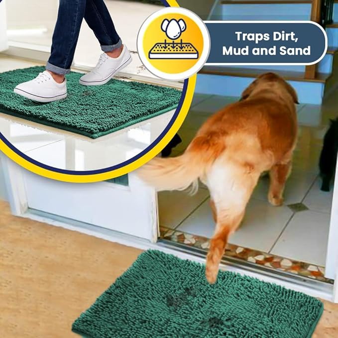 Muddy Mat® | Super Absorbent Door Mat Indoor, Microfiber Quick Dry Chenille Entryway Rug, Non-Slip Front Door Mat, Indoor Mats for Entryway, Machine Washable Pet Rug, Dark Green 30"x19"