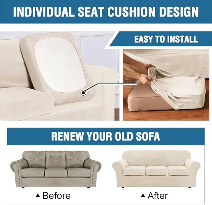 H.VERSAILTEX Rich Velvet Stretch 2 Piece Cover Chair Slipcover Sofa Cover Furniture Protector Couch Soft with Elastic Bottom Couch Cover Width Up to 49 Inch 85% Polyester 15% Spandex (Chair, Cream)