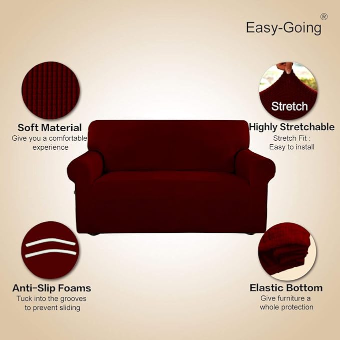 Easy-Going Stretch Oversized Sofa Slipcover 1-Piece Sofa Cover Furniture Protector Couch Soft with Elastic Bottom for Kids, Polyester Spandex Jacquard Fabric Small Checks Wine