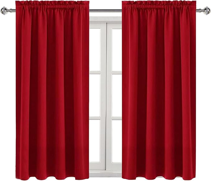 DWCN Christmas Blackout Curtains Thermal Insulated Energy Saving Bedroom and Kitchen Curtains Window Treatments, W 38 x L 45 Inch, Set of 2 Red Rod Pocket Drapes