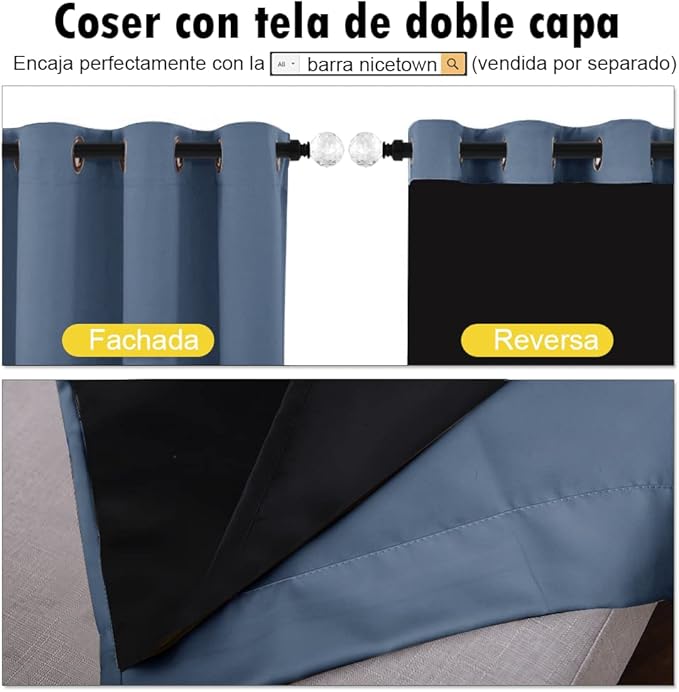 NICETOWN Cold Reducing Curtains, 100% Sun Blocking Curtains, Sound Proof Drapes with Black Backing, Full Light Blocking Panels for Patio Sliding Door (Stone Blue, 1 Pair, 55 inches x 102 inches)