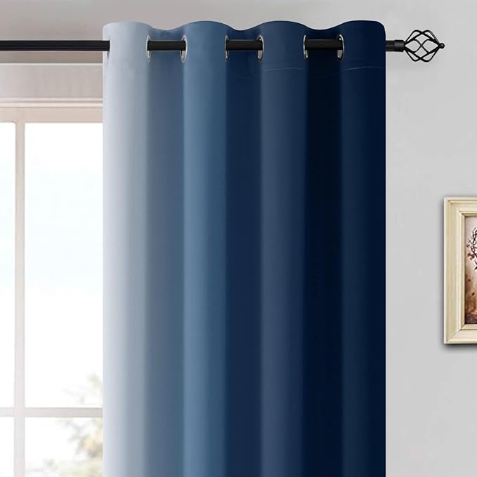 Yakamok Blue Ombre Curtains Room Darkening Grommet Curtains for Bedroom, Light Blocking Thermal Insulated Window Drapes for Living Room(2 Panels, 52x90 Inch)