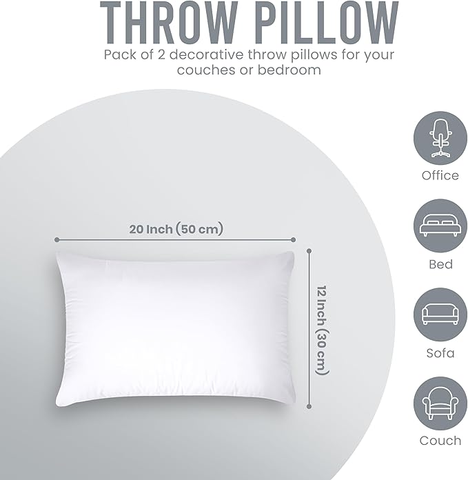 Utopia Bedding 12x20 Pillow Inserts, Set of 2, White – Indoor Decorative Throw Pillows for Bed, Sofa & Couch – Soft, Supportive & Fluffy Cushion Inserts