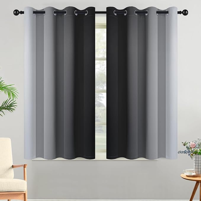Yakamok Light Blocking Ombre Curtains, Greyish White and Black Gradient Color Curtains, Room Darkening Grommet Window Drapes for Bedroom(Black, 52x54 Inch, 2 Panels)