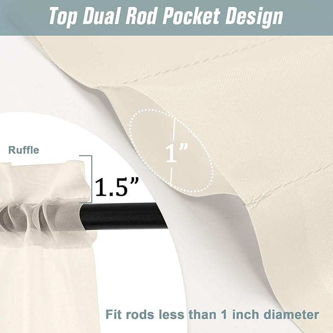 Cream Valances for Windows 14 inch Length 2 Panels Set, Small Voile Sheer Curtains for Bathroom, Soft Fabric Lightweight Light Filtering Kitchen Curtains, Dual Rod Pocket, 2x42Wx14L Inches