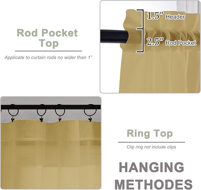 OWENIE Extra Long Gold Sheer Curtains 96 Inches Long 2 Panels Set, Soft Lightweight Airy Voile Sheer Curtain for Bedroom Living Room, Rod Pocket Solid Color Farmhouse Curtains, 59" Wx96 L Inch
