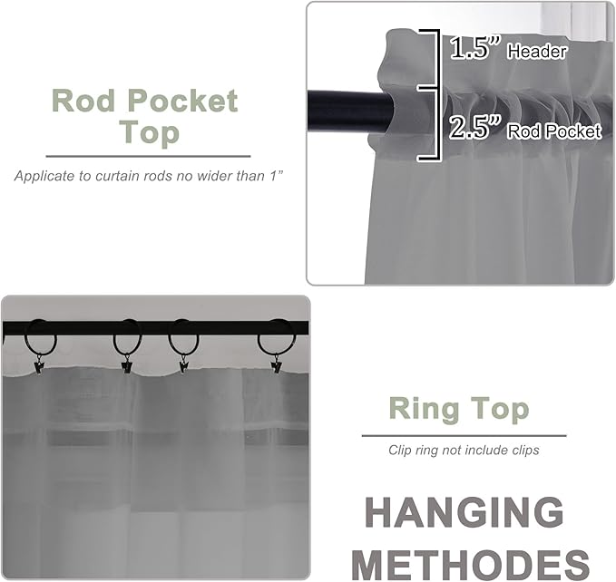 OWENIE Sheer Grey Curtains, Sheer Curtains 63 inch Length 2 Panels Set, Rod Pocket Voile Fimly Sheer Drapes for Living Room Bedroom, 2pcs, Grey, Each 59" W x 63" L