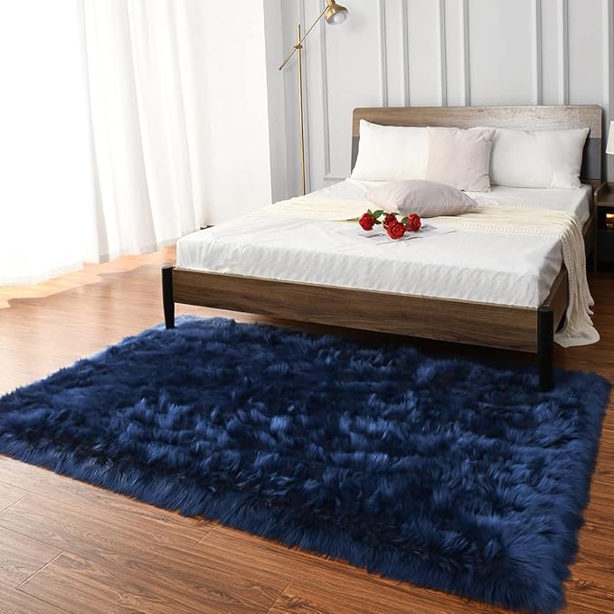 LOCHAS Soft Fluffy Faux Fur Rugs for Bedroom Bedside Rug 3x5 Feet, Washable, Furry Sheepskin Area Rug for Living Room Girls Room, Luxury Shag Carpet Home Decor, Light Navy