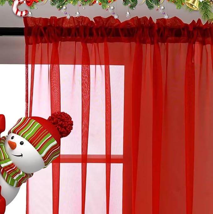 SpaceDresser Sheer Voile Window Treatment Rod Pocket Curtain Panels for Kitchen Bedroom Living Room Drapes Sunlight Filtering Privacy Semi Home Decor Assorted (Red, 52 W x 63 L)