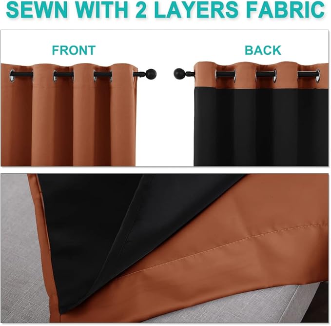 NICETOWN Burnt Orange 100% Blackout Lined Curtains, 2 Thick Layers Completely Blackout Window Treatment Thermal Insulated Drapes for Kitchen/Bedroom (1 Pair, 52" Width x 63" Length Each Panel)