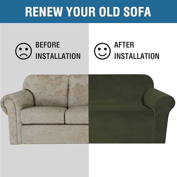 H.VERSAILTEX Stretch Velvet Sofa Covers for 3 Cushion Couch Covers Furniture Protector Soft with Non Slip Elastic Bottom, Crafted from Thick Comfy Rich Velour (Large Sofa 90"-97", Olive)