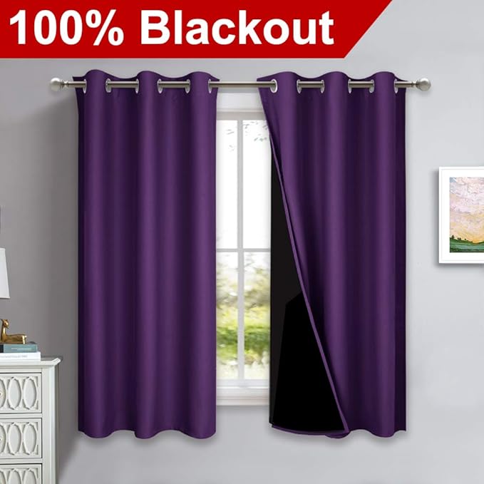NICETOWN 100% Blackout Curtains 2 Panels with Black Liners, Royal Purple, 42-inch W by 54-inch L, Thermal Insulated Full Blackout 2-Layer Lined Drapes, Noise Cancellation Window Drapes for Dining Room