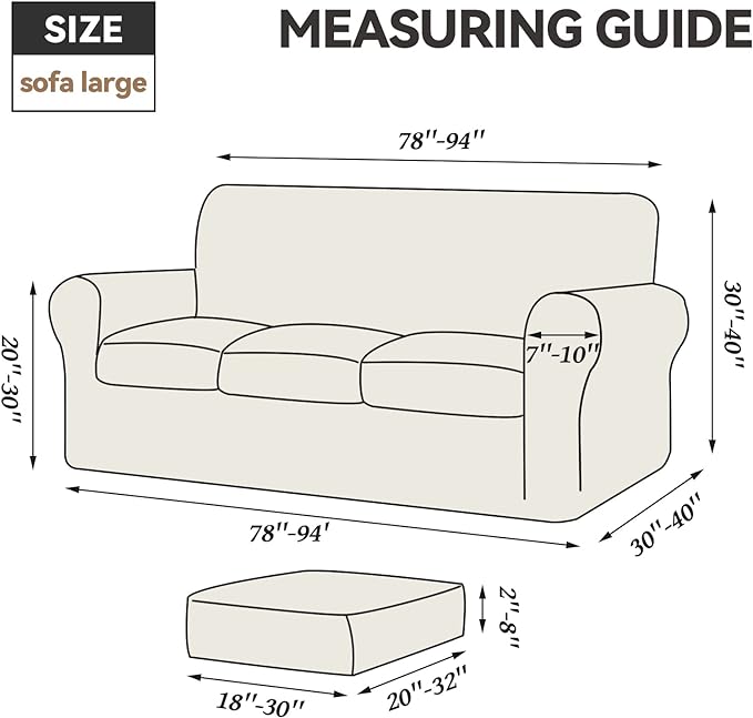 WEERRW 4 Pieces Velvet High Stretch Couch Covers for 3 Cushion Couch Sofa Slipcovers, Washable Furniture Protector with Non Slip Elastic Bottom, Feature Soft and Thick Plush Fabric, Ivory, Large