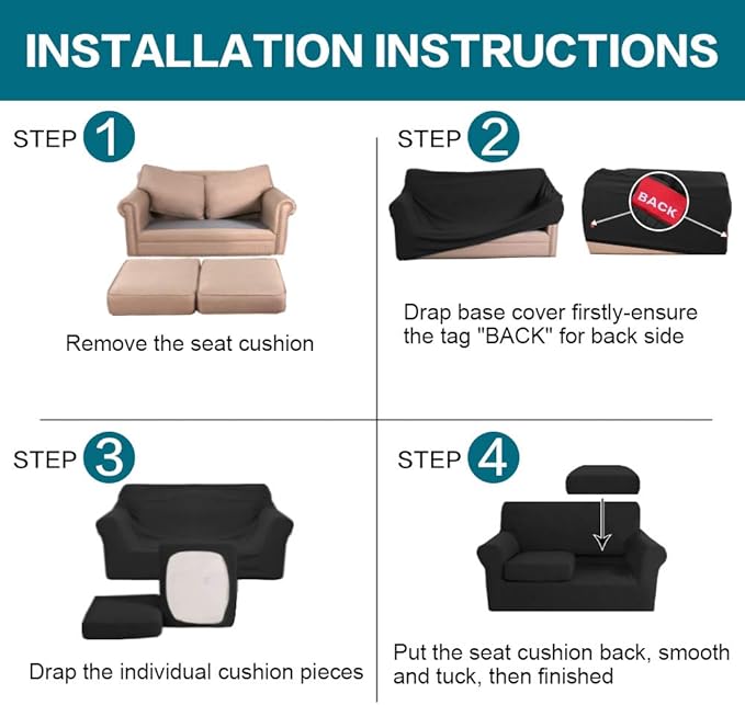 Turquoize 3 Piece Sofa Covers for 2 Cushion Couch Sofa Slipcover Soft Couch Cover for Dogs-Washable Sofa Furniture Covers with 2 Individual Cushion Covers, Feature Jacquard Fabric (Loveseat, Black)