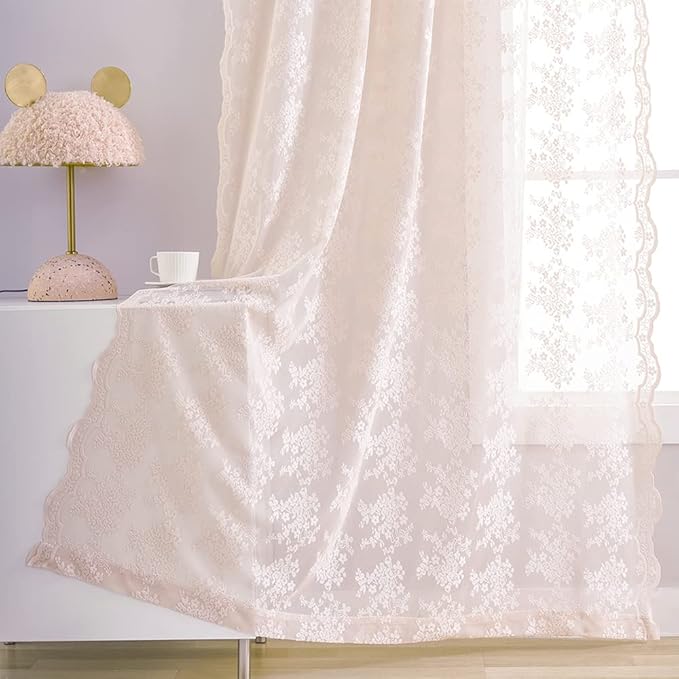 YJ YANJUN Vintage Lace Curtains 72 inchLength Romantic Flowers Sheer Pink Lacy Curtains for Girls Bedroom Living Room Rod Pocket Light Filtering 52 x 72 Inch Dusty Pink
