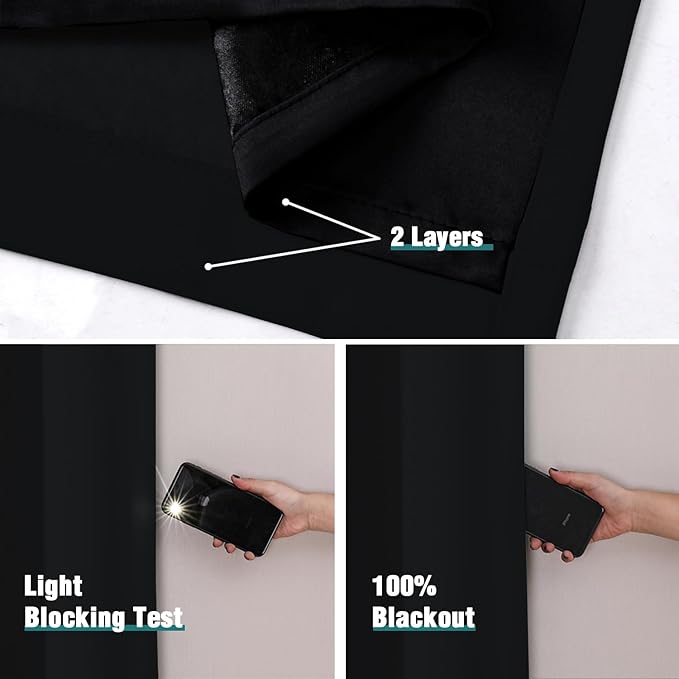 ChrisDowa 100% Blackout Curtains for Bedroom with Black Liner, 2 Thick Layers Total Blackout Thermal Insulated Grommet Small Window Curtains 2 Panels Set (Black, 42 x 54 Inch)