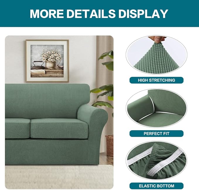 Turquoize 4 Piece Sofa Covers for 3 Cushion Couch Sofa Slipcover Soft Couch Cover for Dogs-Washable Sofa Furniture Covers with 3 Individual Large Cushion Covers, Feature Fabric (XL Sofa, Loden Frost)