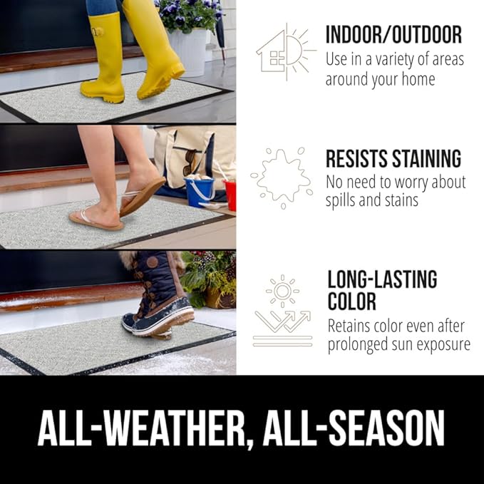 GORILLA GRIP 100% Waterproof All-Season WeatherMAX Doormat US Designed Natural Rubber, Stain and Fade Resistant, Low Profile Indoor Outdoor Door Mats, Easy Clean Patio Mat, 29x17, Light Gray
