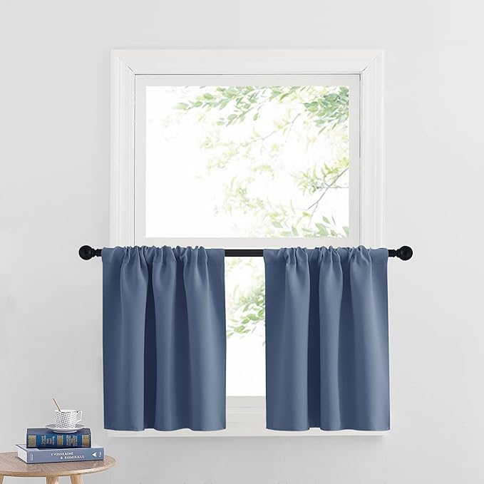 RYB HOME Cafe Blackout Curtains 24 inch Length, RV Curtains for Camper Windows, Mini Short Small Insulating Light UV Blocking Privacy Half Window Tiers, Width 29 by Length 24, Stone Blue, 2 Panels