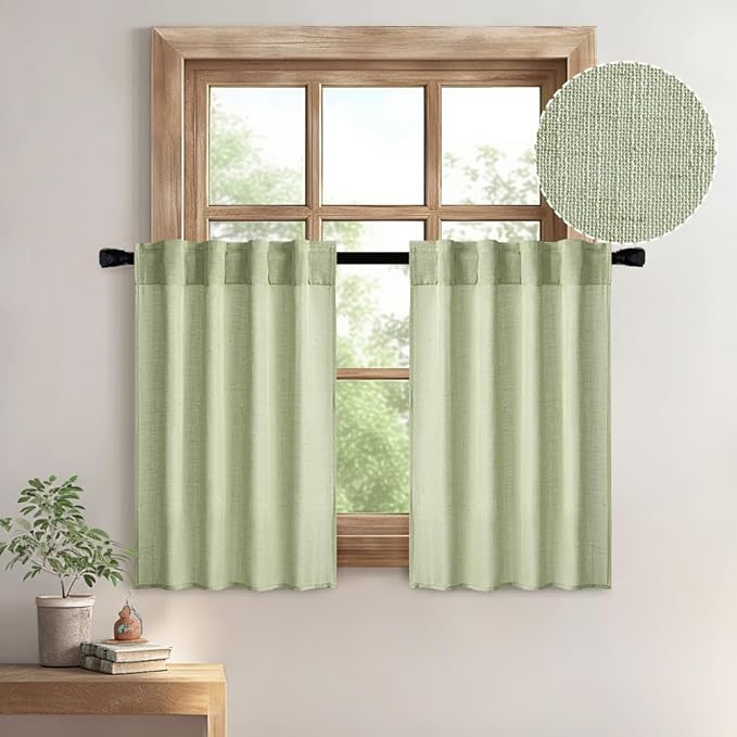 MIULEE Sage Green Kitchen Curtains 30 Inch Length 2 Panels, Soft Thick Linen Textured Semi Sheer Light Filtering Short Cafe Tier Curtains for Small Half Window Bathroom Laundry Back Tab Rod Pocket