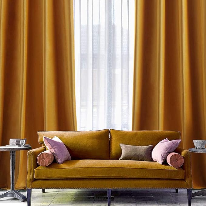 MIULEE 2 Panels Blackout Velvet Curtains Solid Soft Grommet Mustard Yellow Curtains Fall Thermal Insulated Soundproof Room Darkening Curtains/Drapes/Panels for Living Room Bedroom 52 x 63 Inch