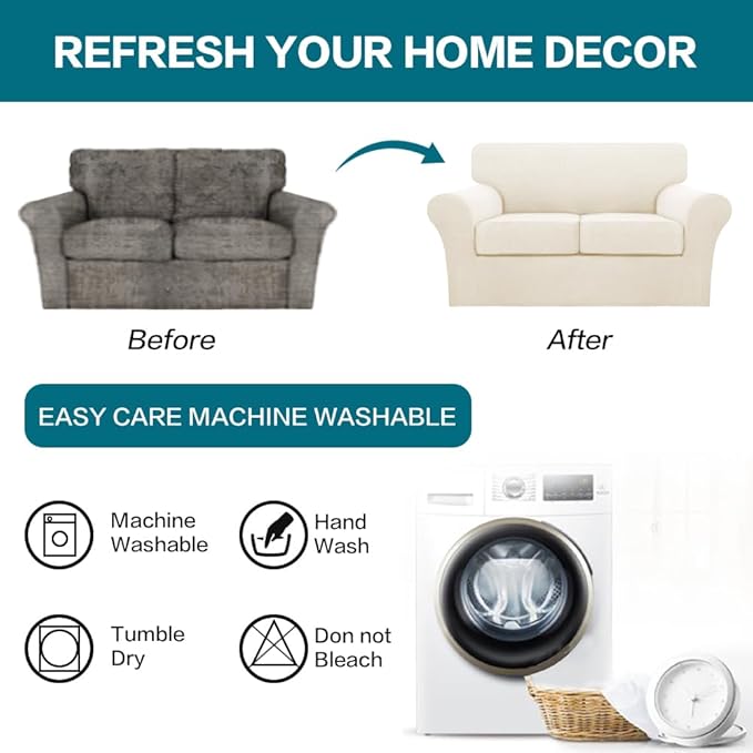 Turquoize 3 Piece Sofa Covers for 2 Cushion Couch Sofa Slipcover Soft Couch Cover for Dogs-Washable Sofa Furniture Cover with 2 Individual Cushion Covers, Thick Jacquard Fabric (Loveseat, Cream)