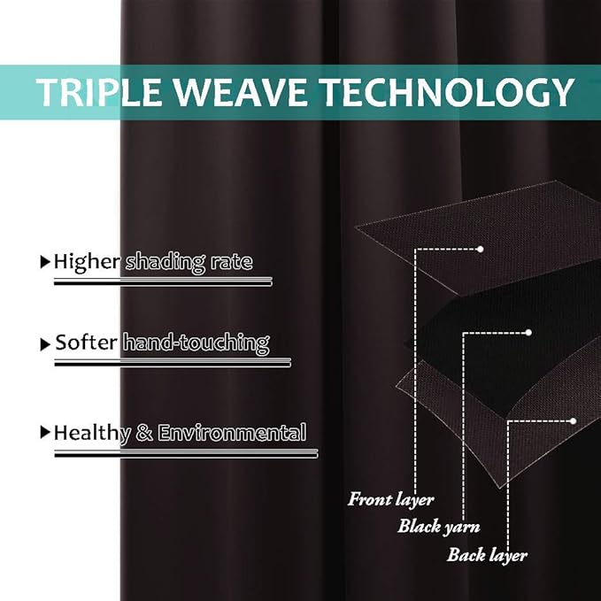 NICETOWN 100% Blackout Short Curtains with Black Liners, 2 Panels, 37" W by 60" L, Toffee Brown, Solid Thermal Insulated Full Blackout 2-Layer Lined Drapes, Energy Efficiency Window Drapes for Bedroom
