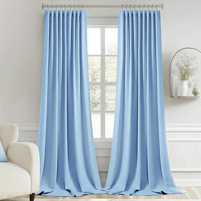 MIULEE Sky Blue Back Tab Blackout Curtain 96 Inch Long 2 Panels Set for Bedroom, Rod Pocket/Pinch Pleat Thermal Insulated Living Room Darkening Pleated Light Blocking Floor to Ceiling Drape