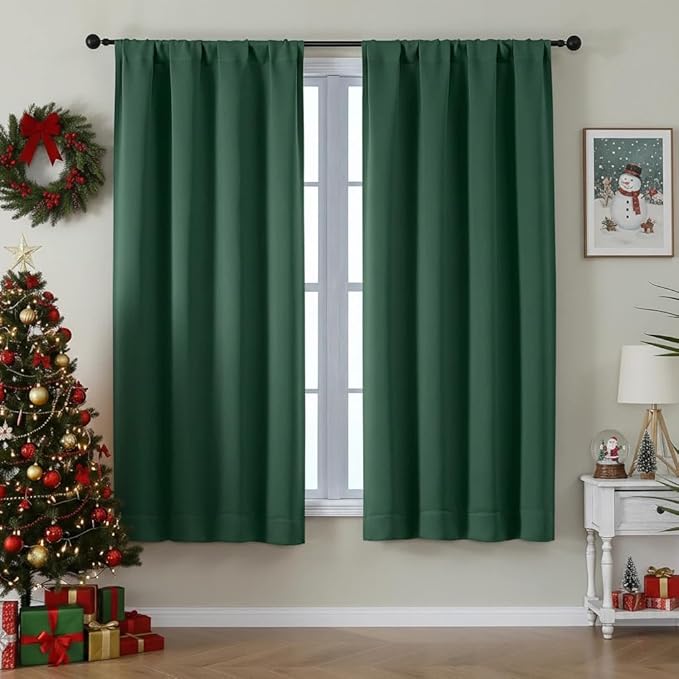Simplebrand Ava Ever Green Blackout Curtains for Bedroom 63 Inch Length 2 Panels Set, Thermal Insulated Energy Saving Rod Pocket Window Treatment Curtains Blackout Drapes, W40 x L63 Inch, Ever Green