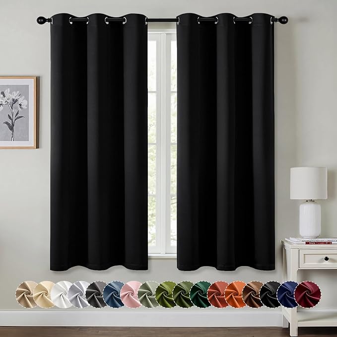 MIULEE Black Blackout Curtains for Bedroom Living Room 63 Inches Long 2 Panels, Thermal Insulated Room Darkening Drapes Solid Grommet Noise Reduction Light Blocking Window Treatments 34x63 Inch