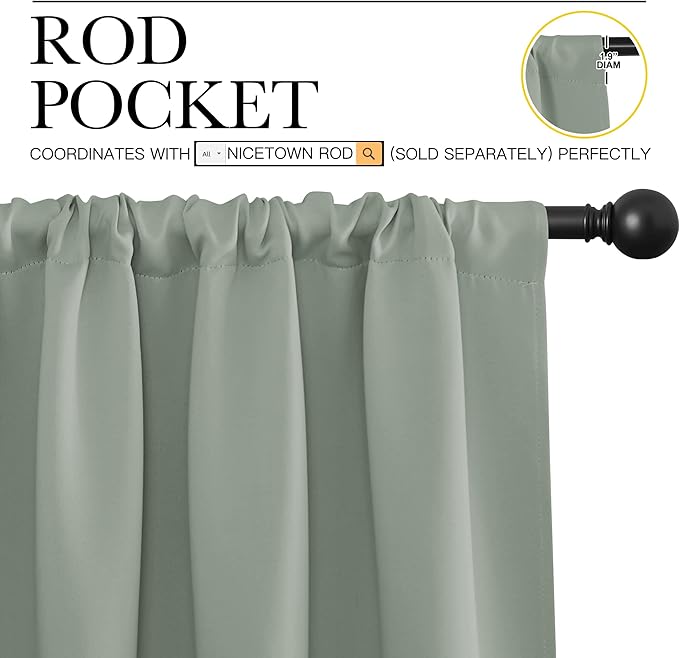 NICETOWN Window Curtains Blackout Drapes - Thermal Insulated Solid Rod Pocket Blackout Curtains/Draperies for Living Room (Sage Green, One Pair, 34 by 84-Inch)