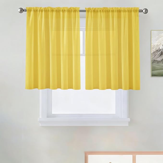 SpaceDresser Basic Rod Pocket Sheer Voile Window Curtain Panels Yellow 1 Pair 2 Panels 52 Width 36 Inch Long for Kitchen Bedroom Children Living Room Yard（Yellow, 52W x 36L）